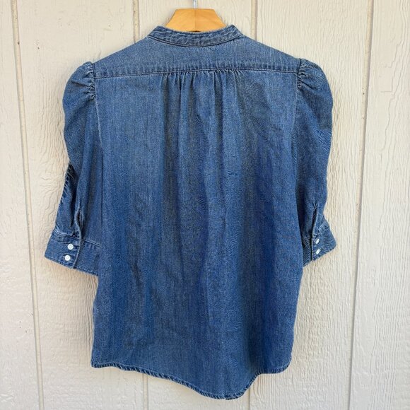 Frame Shirred Sleeve Button Up Shirt Women's Small Blue Denim Chambray Office - Picture 9 of 11